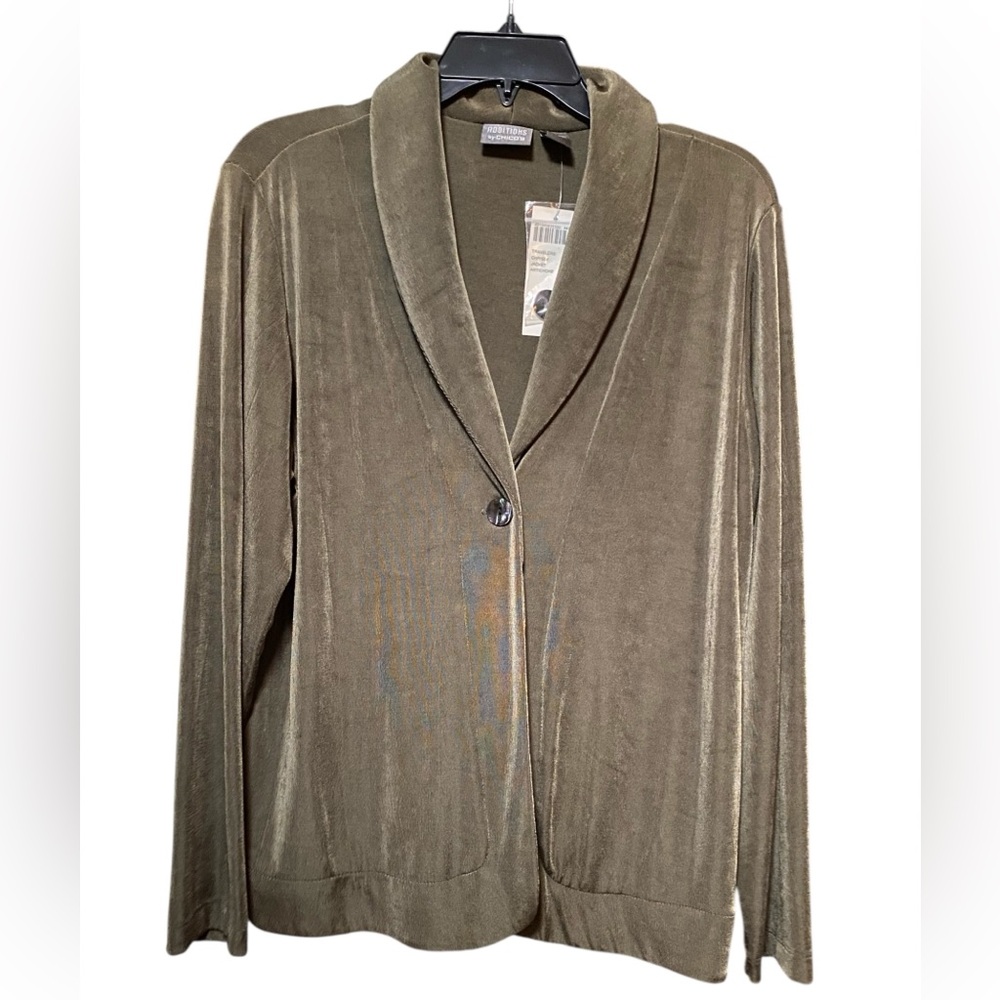 Chicos Traveler Style Jacket Womens 2/Large Olive Green Liquid Knit Long Sleeve